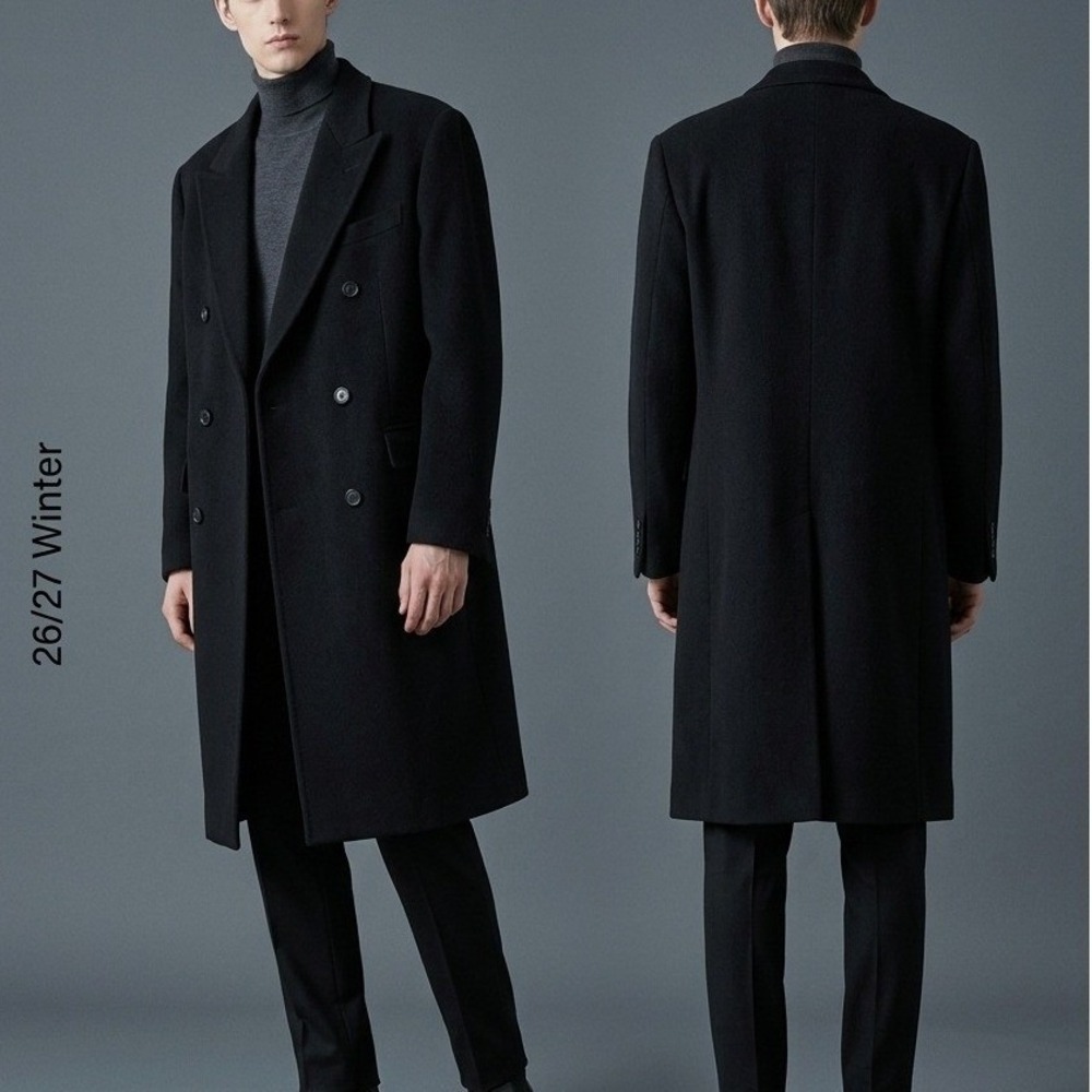 Adolfo Mens Black Wool Cashmere Double Breasted Overcoat Long Peacoat Trench
